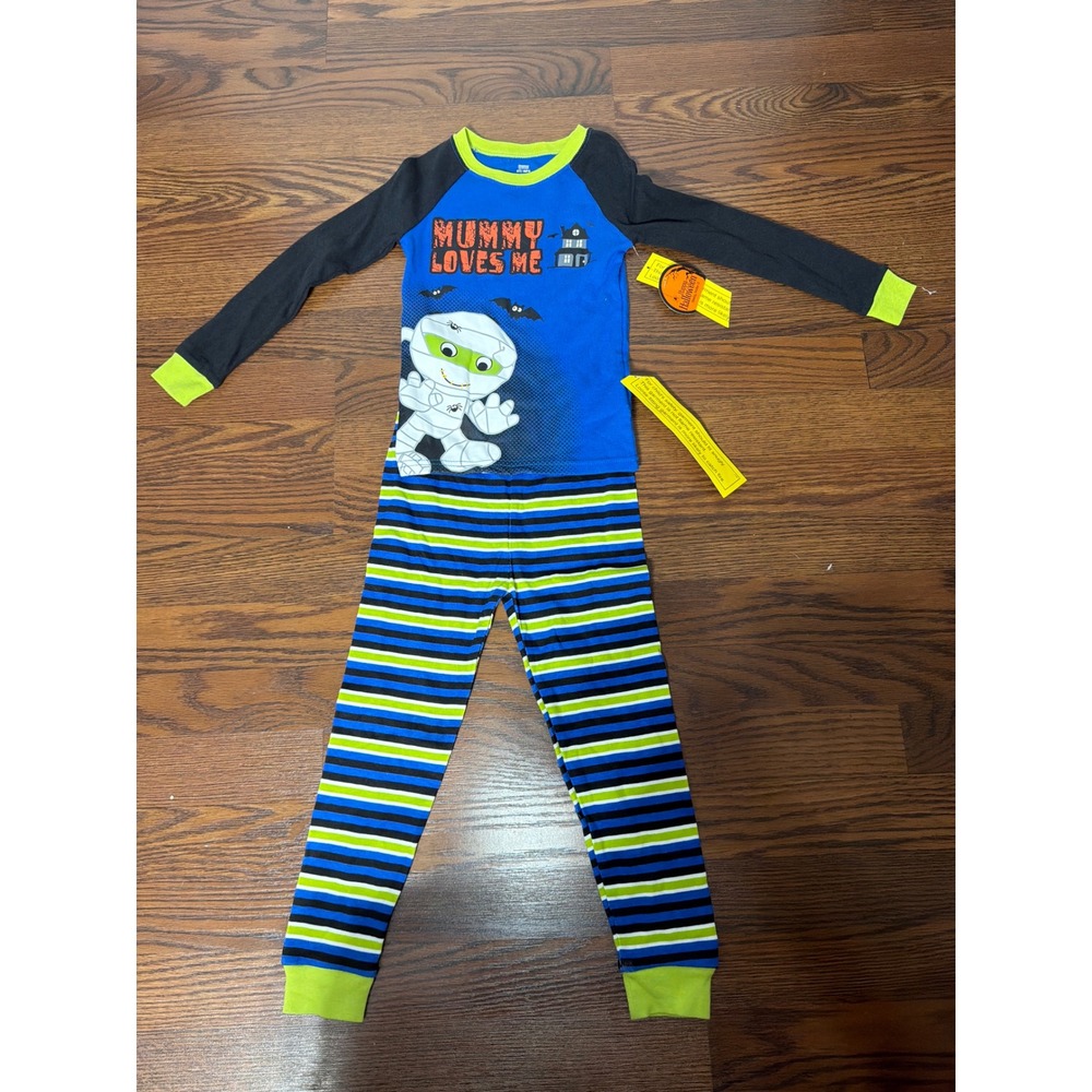 Peek-A-Boo Kids Halloween Mummy Loves Me Pajama Set Blue Striped 4T NWT
